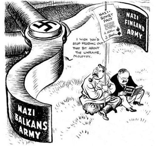 La caricatura refleja el sentimiento de Stalin, de encontrarse atrapado en una pinza si no entraba en el acuerdo con los nazis